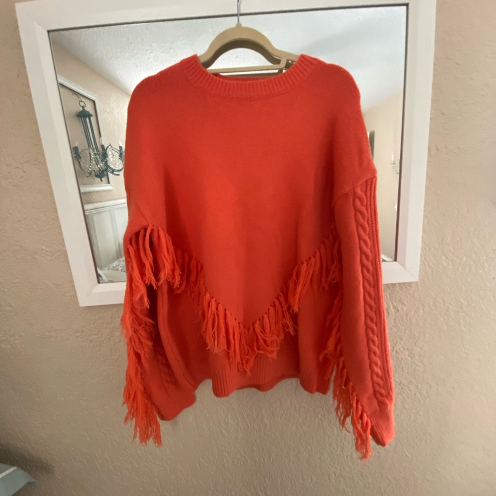 BiBi Vibrant Orange Fringe Sweater